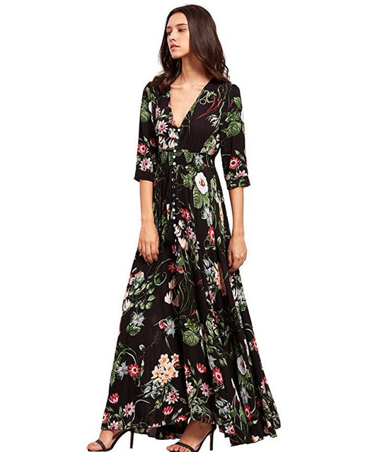 Button Floral Bohemian Maxi Dresses for the Beach