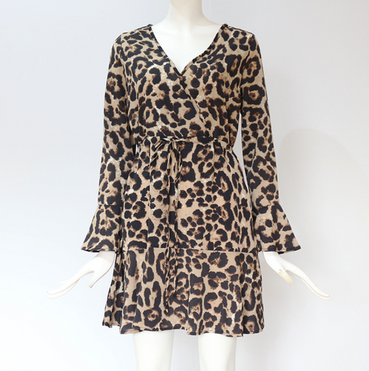 Leopard Print V-Neck High Waist Chiffon Dress