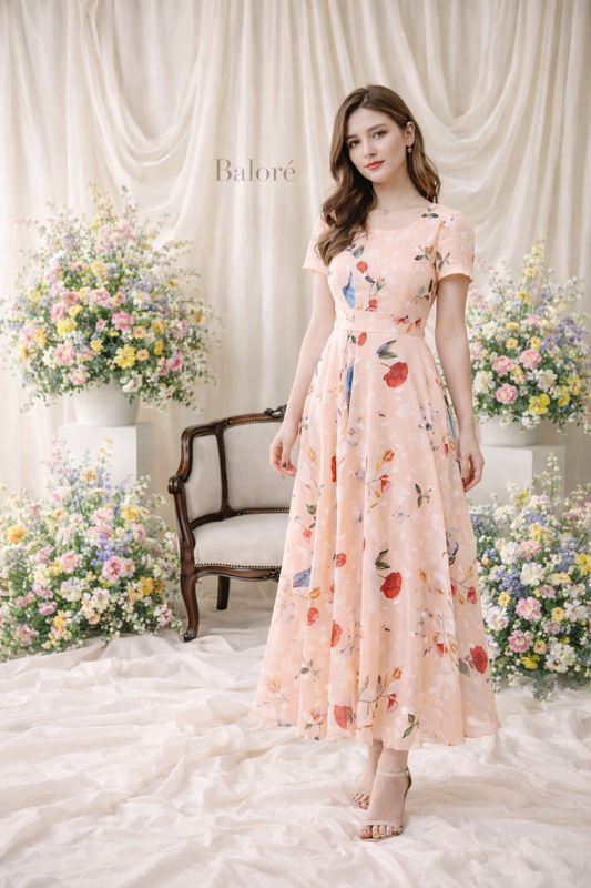 Floral Chiffon Dress for Women - Short Sleeve Maxi