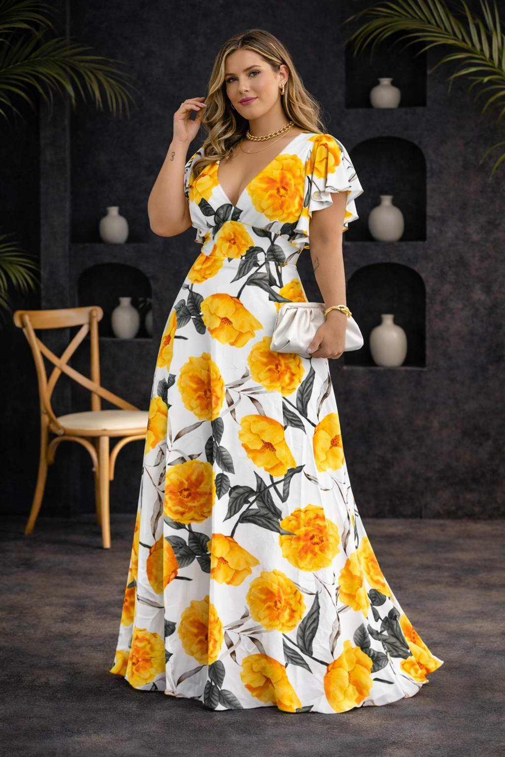 Floral V-Neck Flared Sleeve Dress