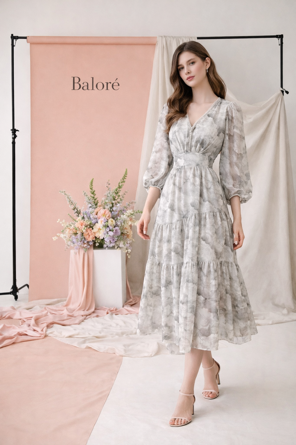 Floral V-neck Slimming Waist Chiffon Short-sleeve Dress
