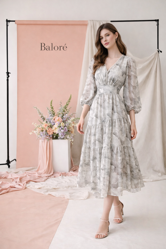 Floral V-neck Slimming Waist Chiffon Short-sleeve Dress