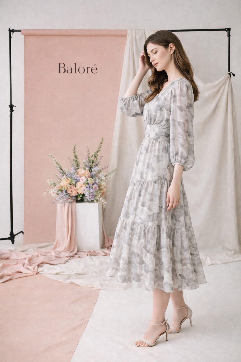 Floral V-neck Slimming Waist Chiffon Short-sleeve Dress