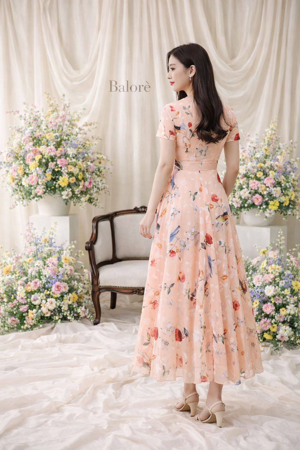 Floral Chiffon Dress for Women - Short Sleeve Maxi