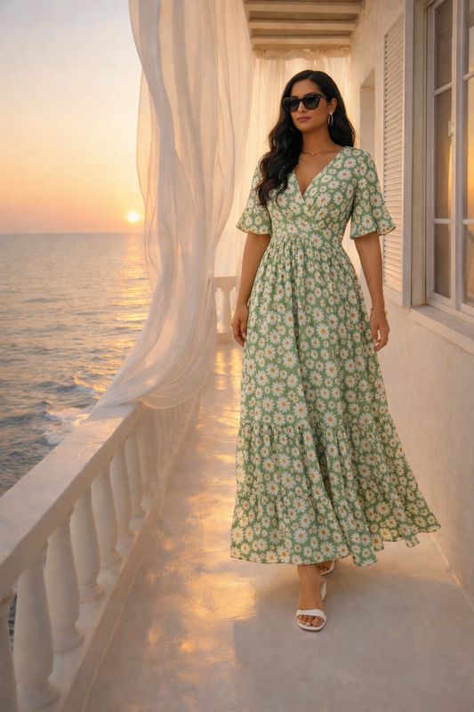 High Waist Chiffon V-neck Long Fairy Dress