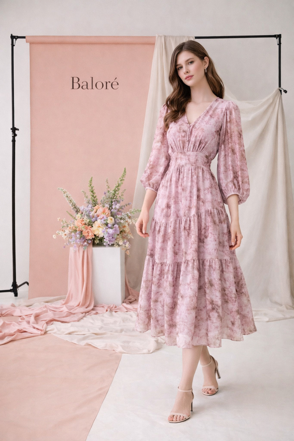 Floral V-neck Slimming Waist Chiffon Short-sleeve Dress
