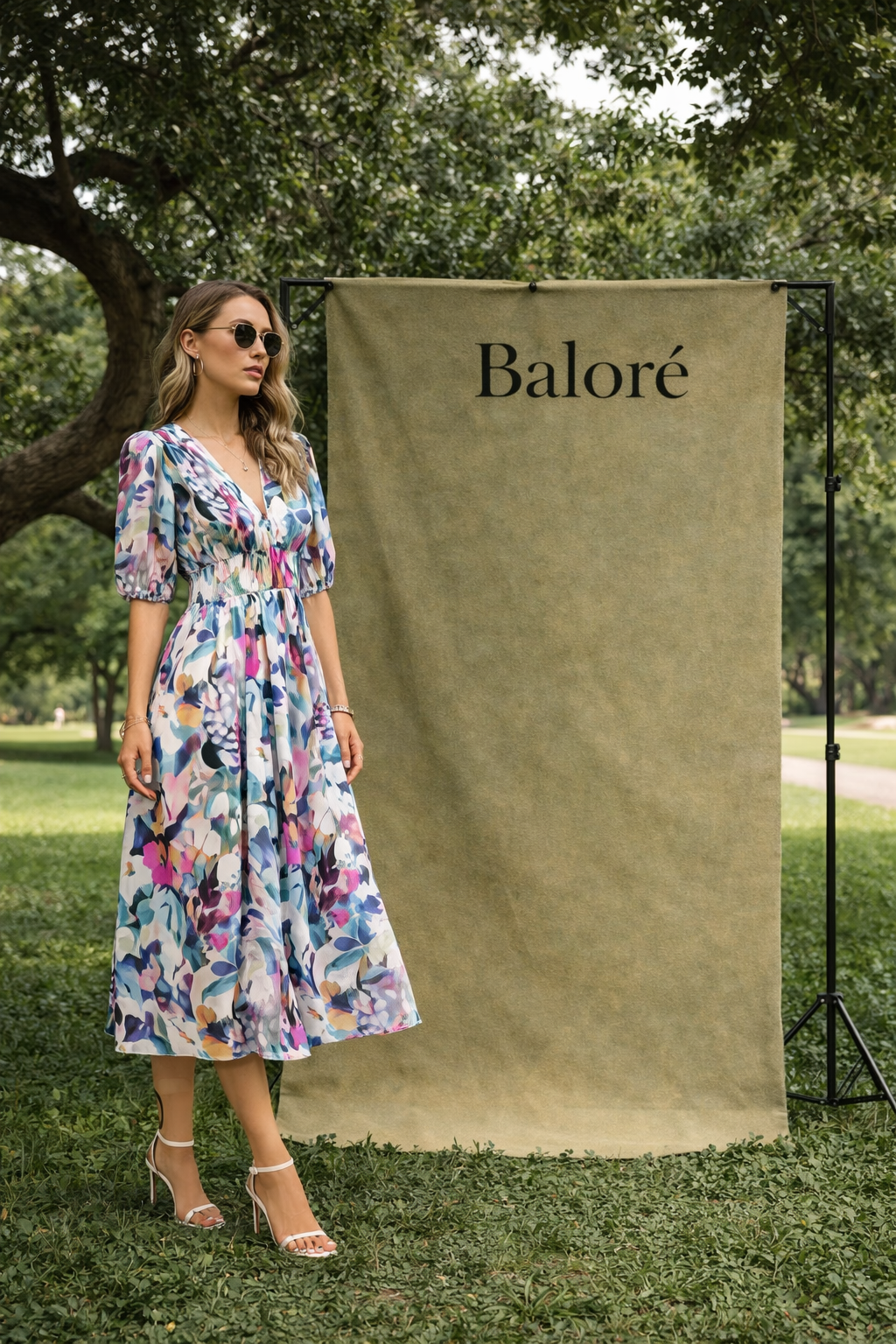 V-neck Printed Short-sleeved Long Dress