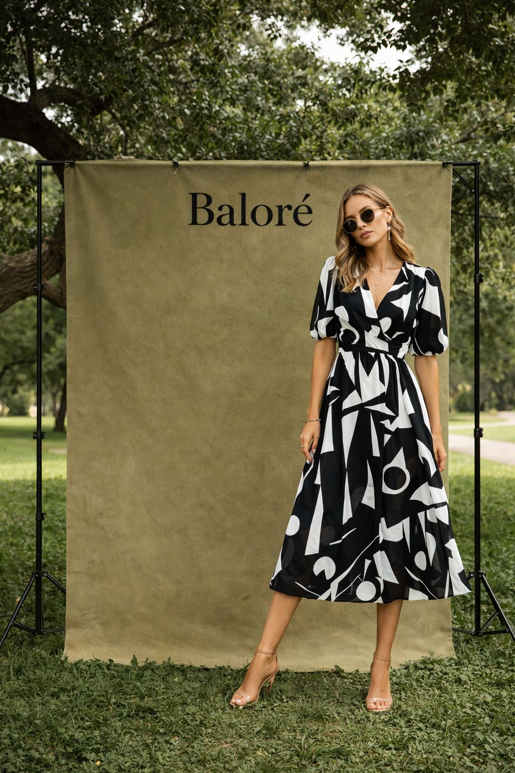 V-neck Printed Short-sleeved Long Dress