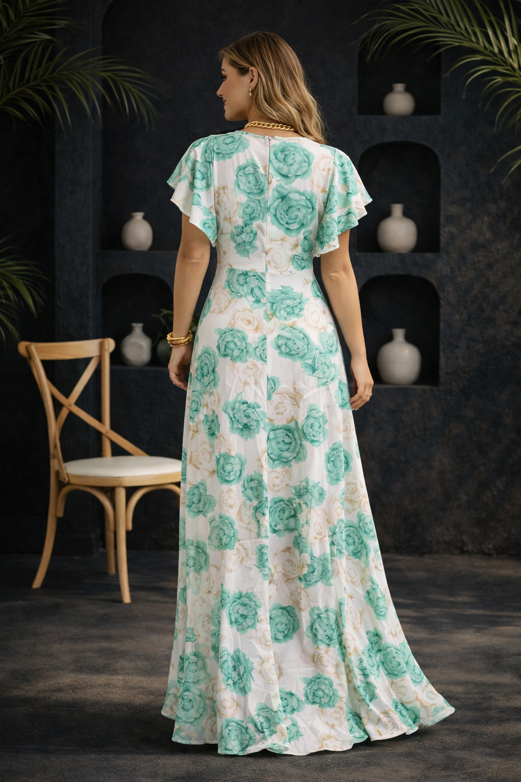 Floral V-Neck Flared Sleeve Dress
