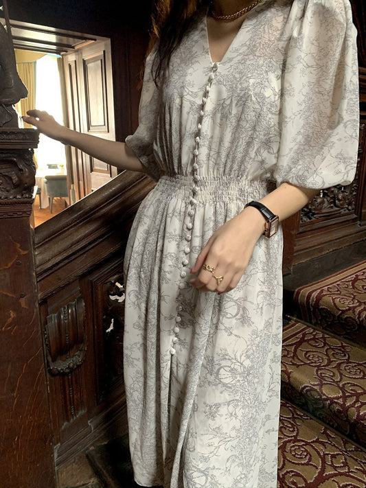 Floral V-neck Slimming Waist Chiffon Short-sleeve Dress