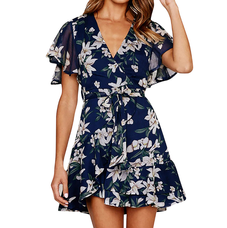Blooming Silk V-Neck Flare Dress