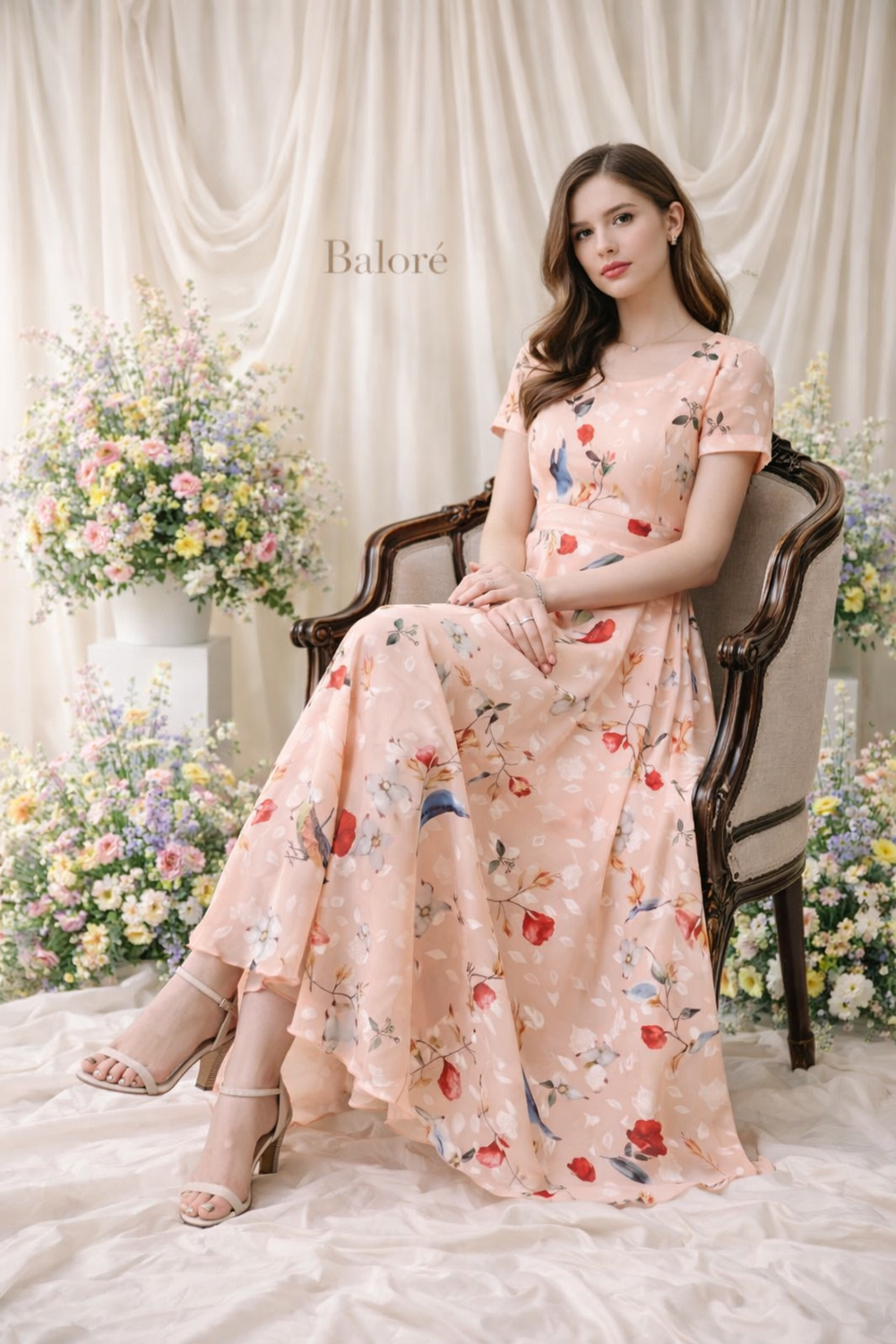 Floral Chiffon Dress for Women - Short Sleeve Maxi
