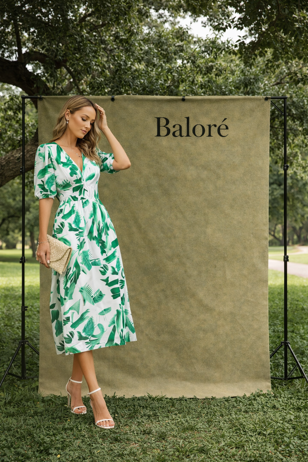 V-neck Printed Short-sleeved Long Dress