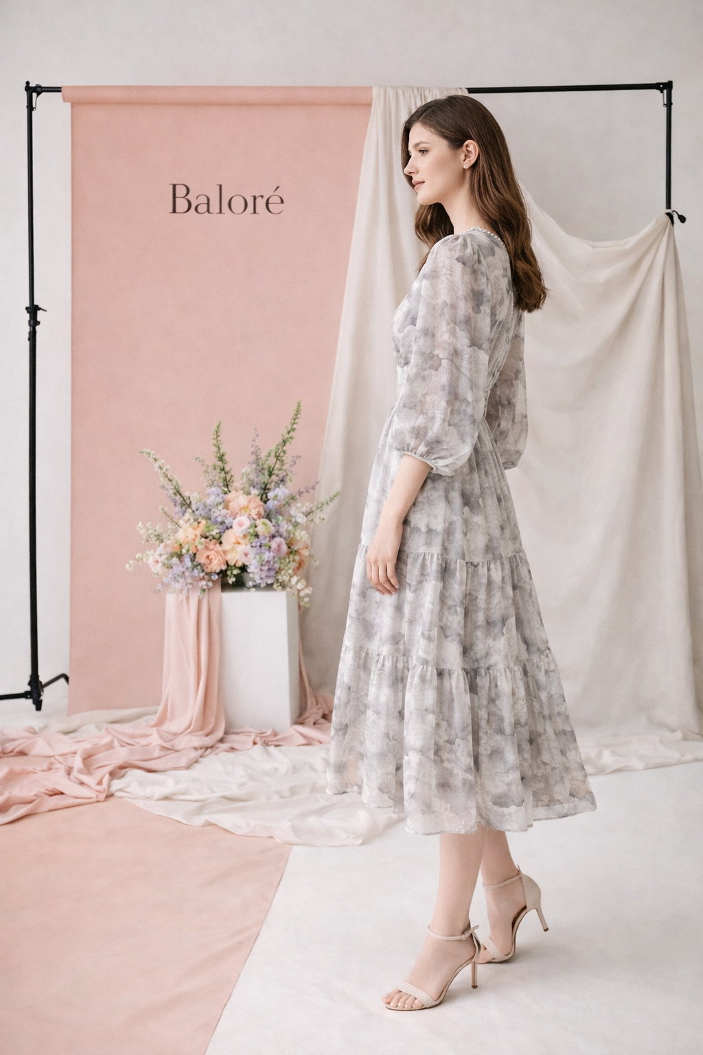 Floral V-neck Slimming Waist Chiffon Short-sleeve Dress