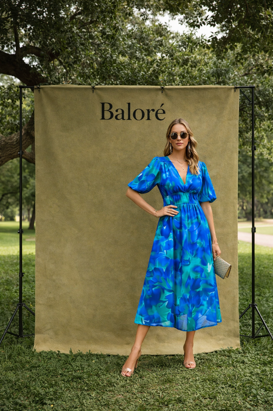 V-neck Printed Short-sleeved Long Dress